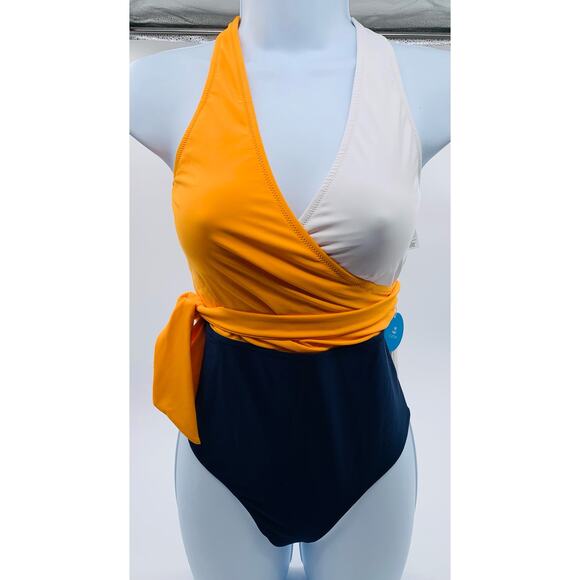 Cupshe Swimsuit One Piece Women Medium Color Block Yellow White Blue V Neck Chic - Picture 2 of 13